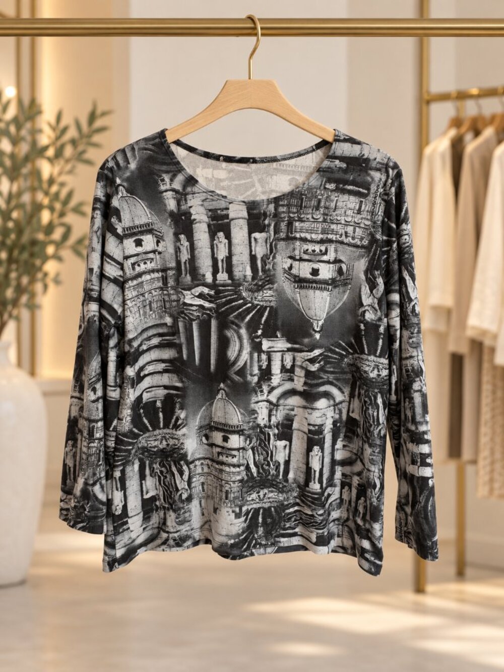 Florence Italy Architecture Print Long Sleeve Top Black Gray Art to Wear